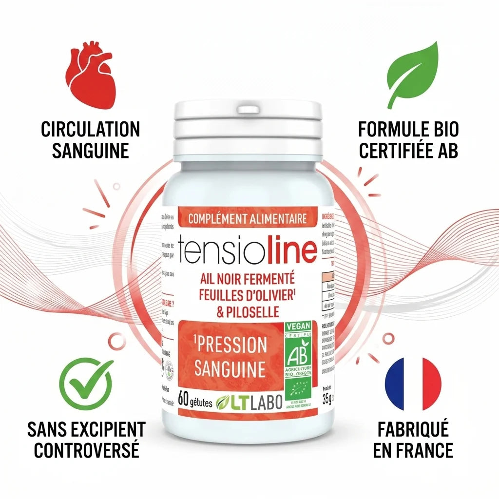 Tensioline Bio gélules avec bénéfices : circulation sanguine, formule AB certifiée, fabriqué France