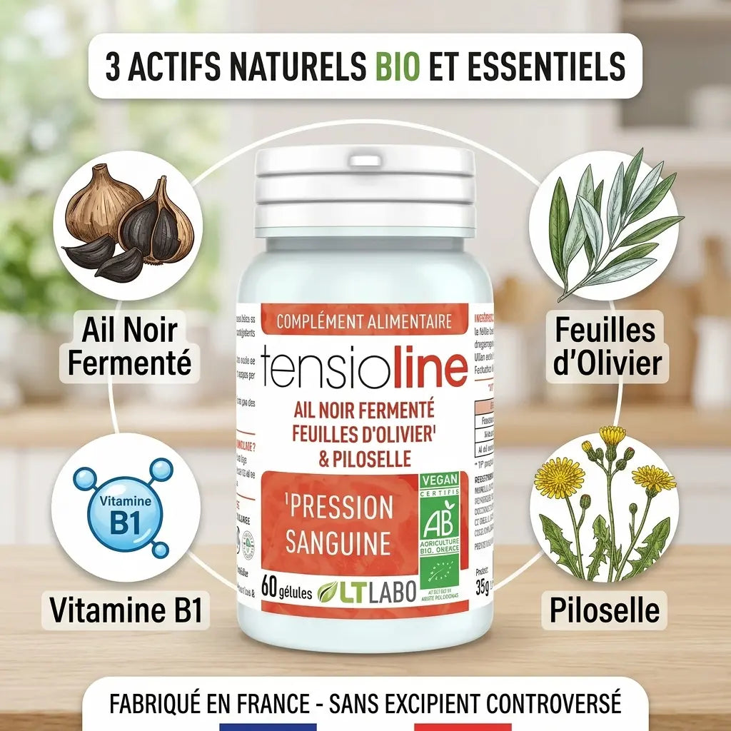 Tensioline bio gélules avec ail noir, olivier et piloselle, 3 actifs naturels bio fabriqué France