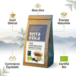 Thé Darjeeling bio Terra Etica en vrac avec infographie des bénéfits santé et certifications équitables