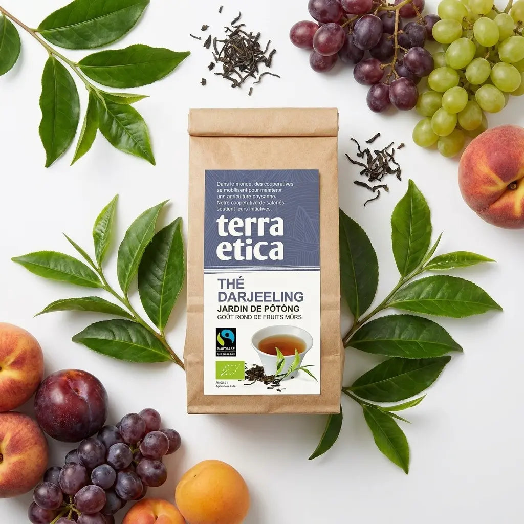 Thé Darjeeling bio Terra Etica en vrac avec feuilles de thé et fruits frais sur fond blanc