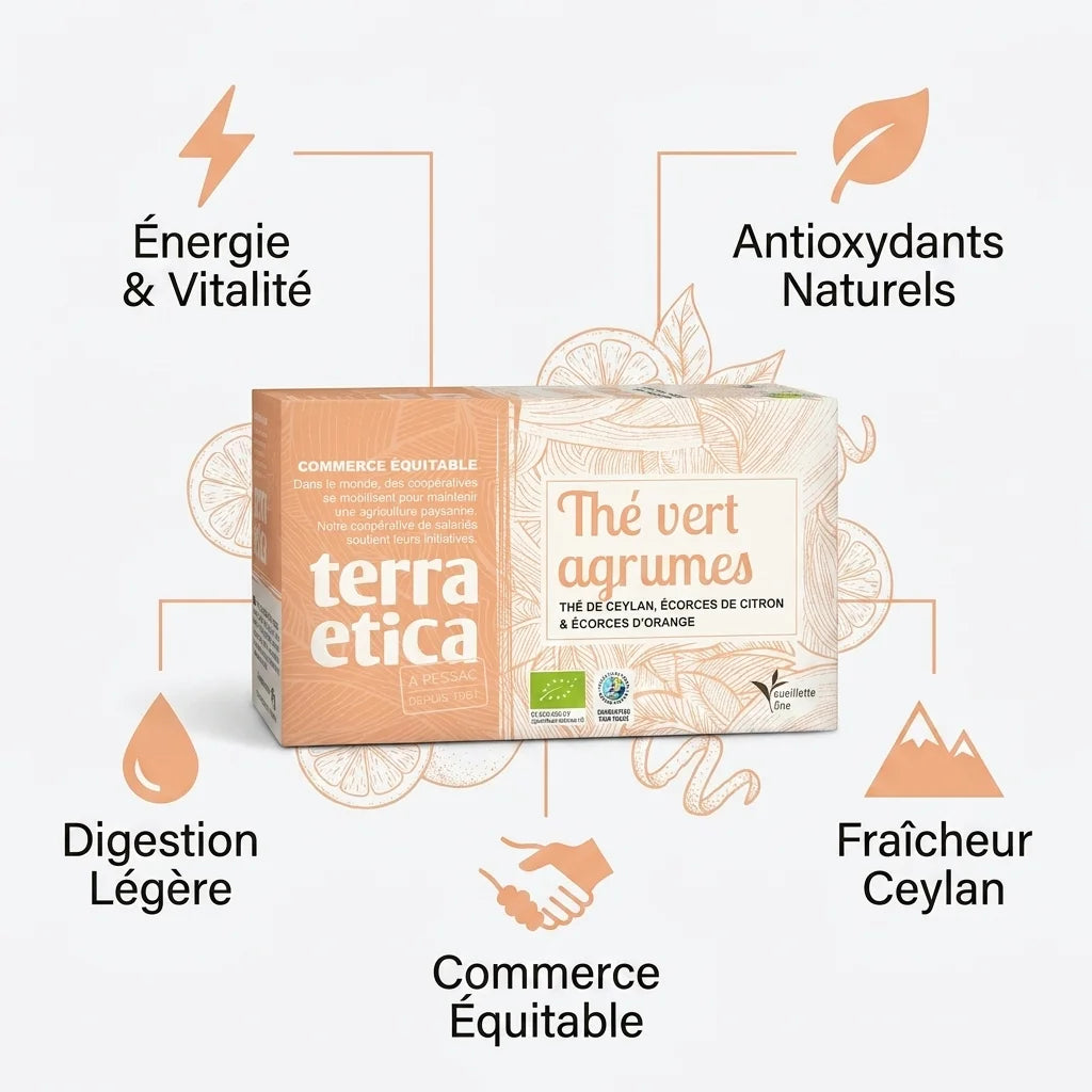 Thé vert agrumes Bio Terra Etica sachet avec infographie avantages santé