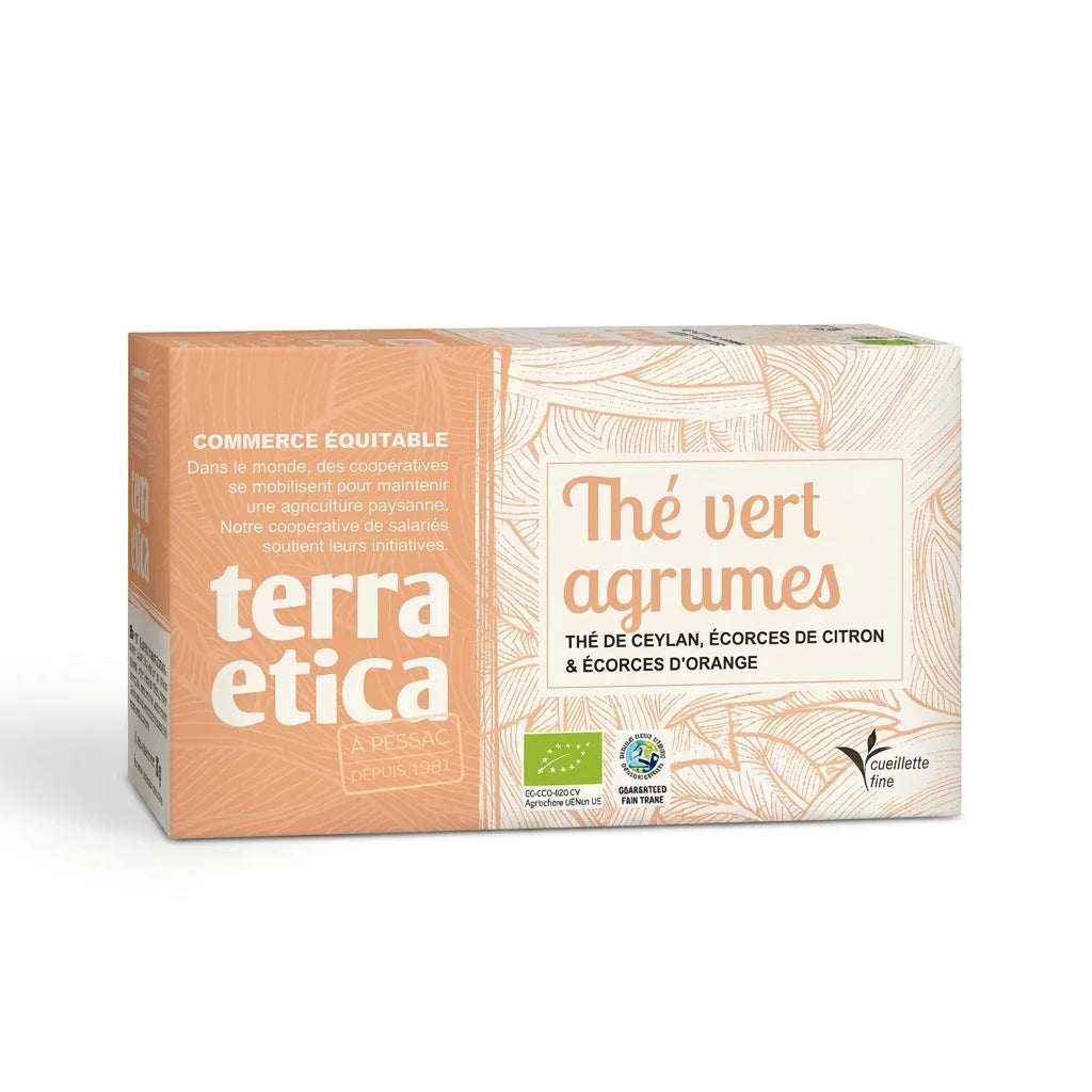 Thé vert agrumes Bio Terra Etica - sachet packaging certifié équitable fond blanc