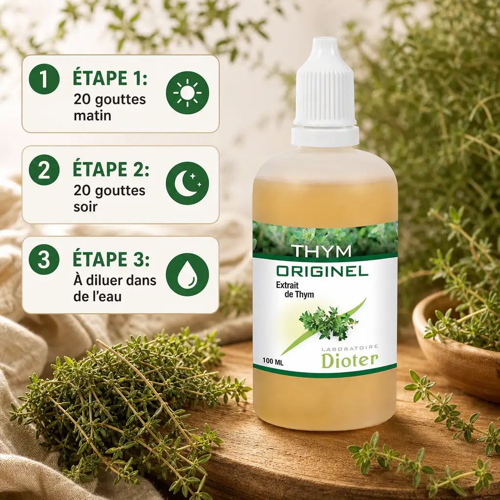 Thym Originel en compte-gouttes avec dosage 20 gouttes matin et soir, infographie d'utilisation