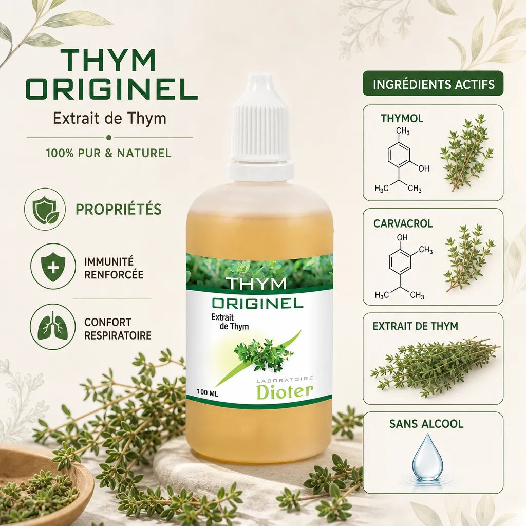 Thym Originel en compte-gouttes : flacon avec ingrédients actifs, thymol et carvacrol pour immunité et confort respiratoire