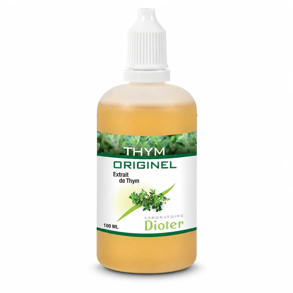 Flacon compte-gouttes Thym Originel Dioter 100ml, extrait de thym naturel en bouteille verte et blanche