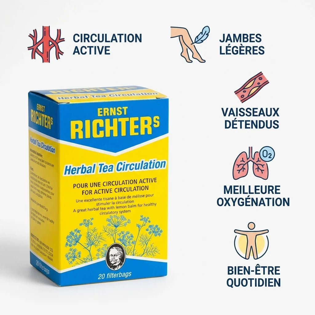 Tisane Circulation Ernst Richter's sachet avec infographie des 5 bénéfices: jambes légères, circulation active, vaisseaux détendus