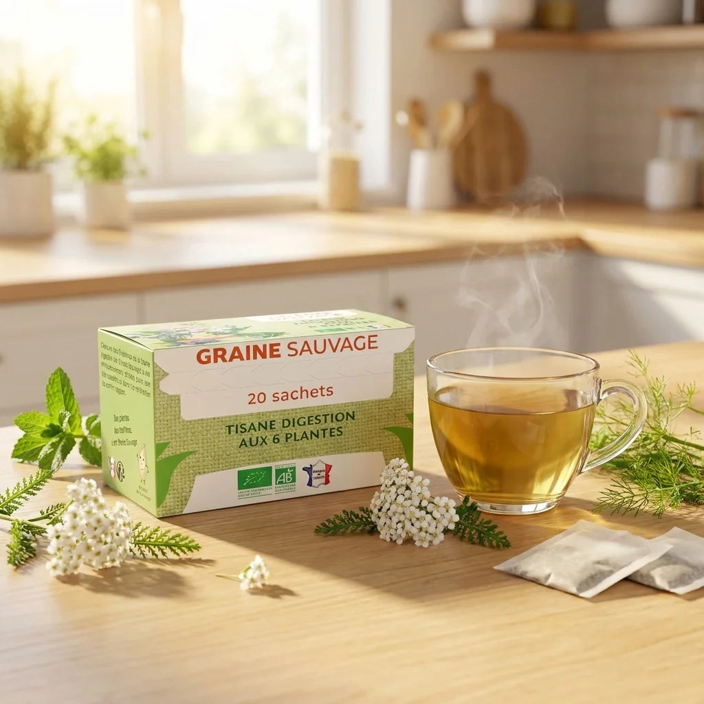 Boîte tisane digestion bio vegan Graine Sauvage avec tasse d'infusion fumante et herbes fraîches sur plan de travail