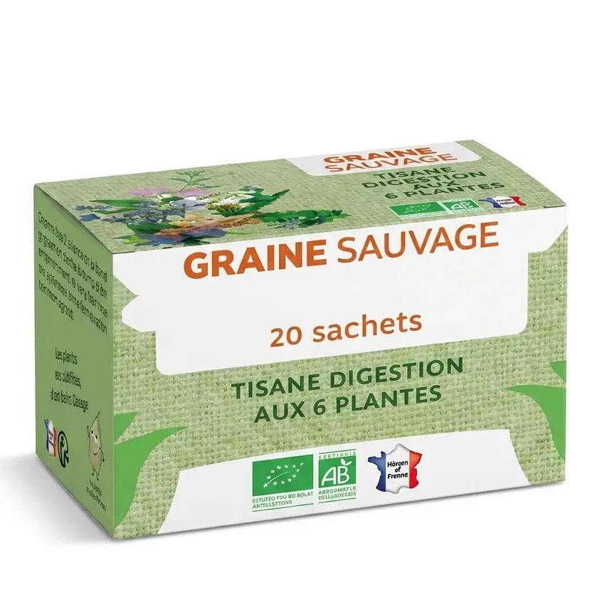 Boîte Tisane Digestion Bio vegan en infusettes 20 sachets Graine Sauvage sur fond blanc