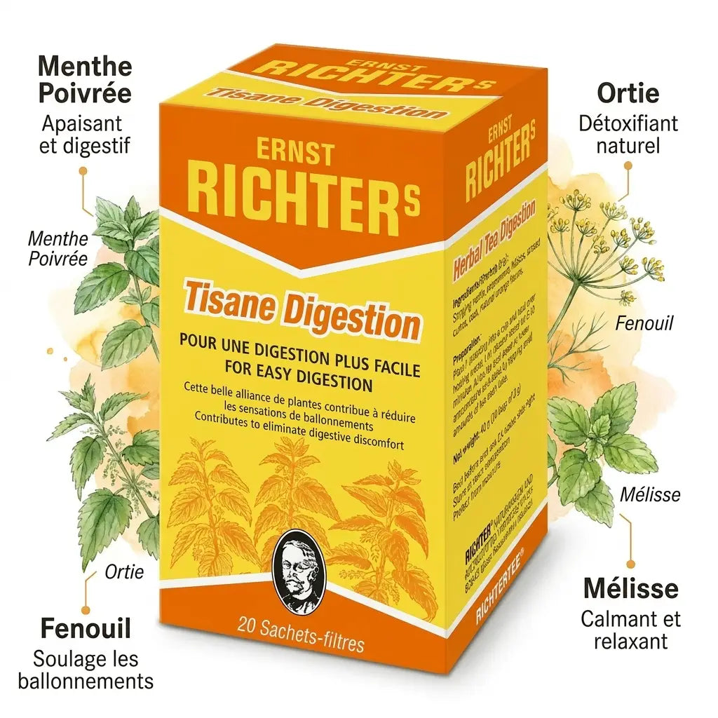 Tisane Digestion Ernst Richter's en sachets avec ingrédients botaniques menthe poivrée, fenouil et mélisse