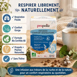 Tisane Respiration Bio Propolia avec thym, eucalyptus, propolis et bénéfices affichés