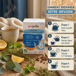 Tisane Respiration Bio Propolia avec thym, eucalyptus et étapes d'infusion en composition bien-être