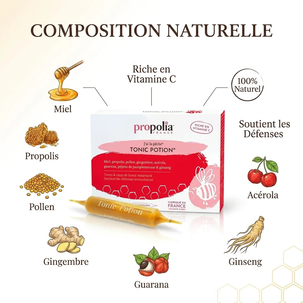 Ampoules Tonic Potion Propolia avec composition naturelle: miel, propolis, ginseng et vitamine C