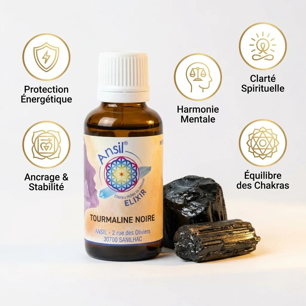 Elixir de tourmaline noire avec cristaux bruts et icônes de bénéfices énergétiques sur fond blanc
