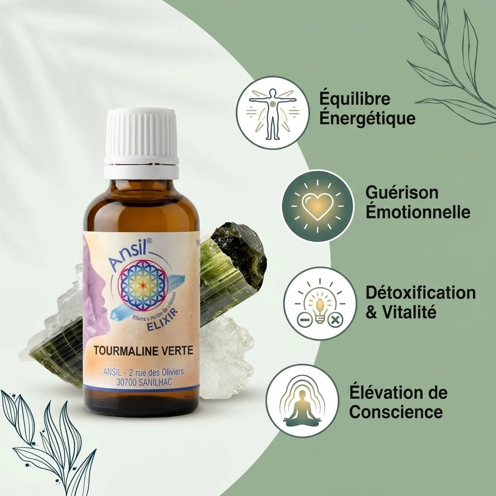 Elixir Tourmaline Verte en bouteille avec cristaux verts et 4 bénéfaits wellness illustrés