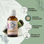Elixir Tourmaline Verte en bouteille avec cristaux verts et 4 bénéfaits wellness illustrés