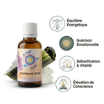 Bouteille élixir Tourmaline Verte Ansil verre ambré avec logo mandala, fond blanc studio