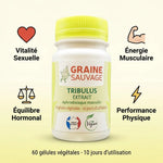 Tribulus extrait vegan 60 gélules avec icônes bénéfices : vitalité sexuelle, énergie musculaire, équilibre hormonal