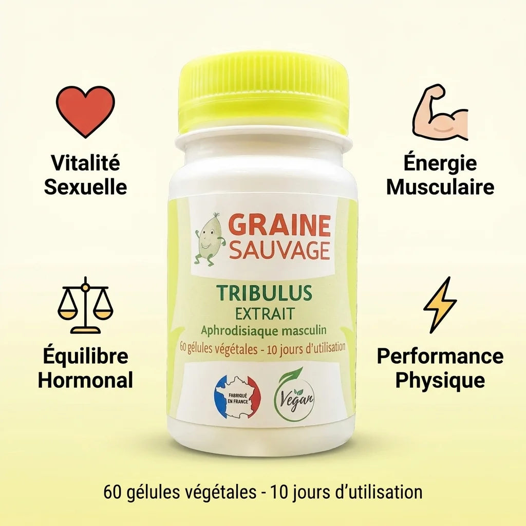 Tribulus extrait vegan 60 gélules avec icônes bénéfices : vitalité sexuelle, énergie musculaire, équilibre hormonal