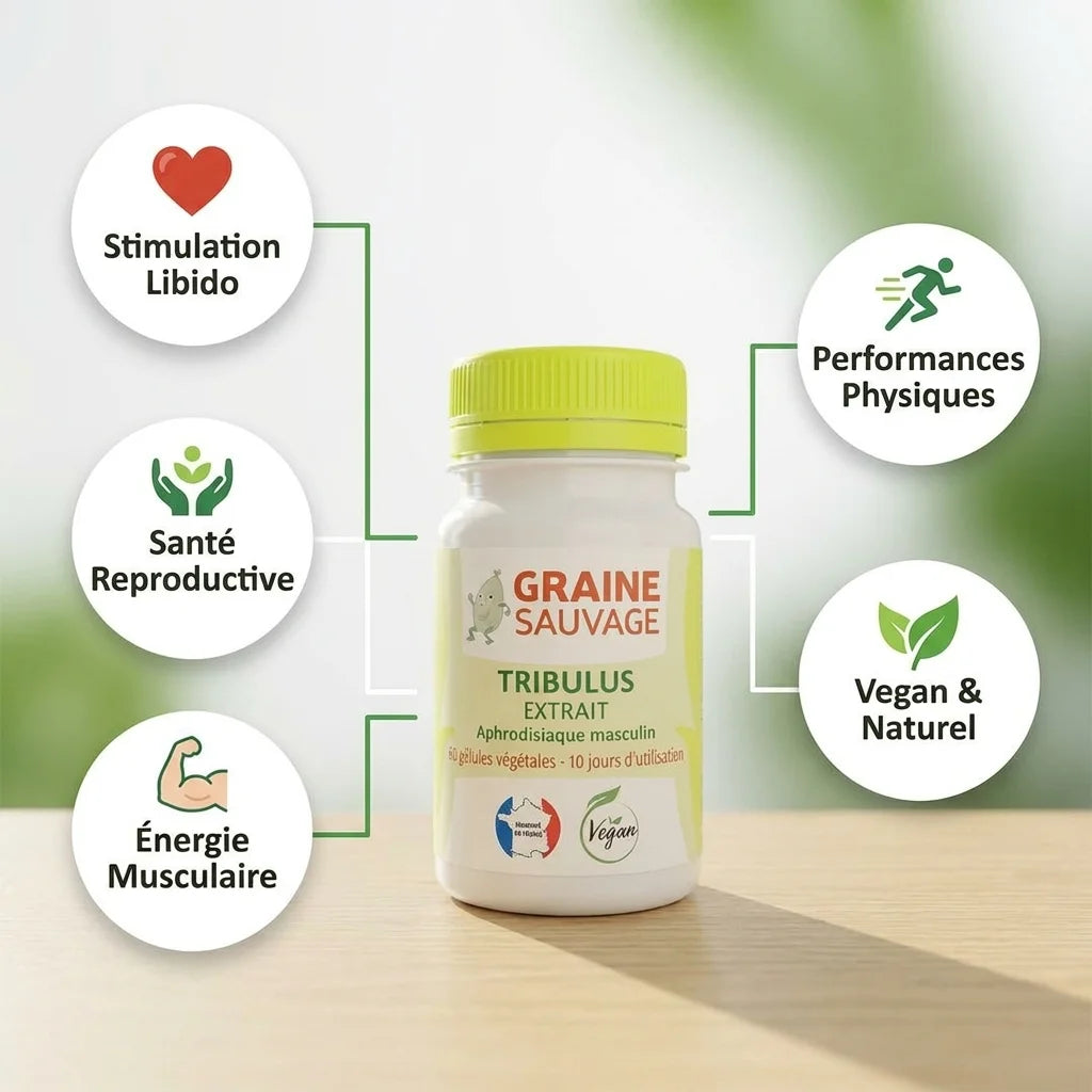 Tribulus vegan en gélules Graine Sauvage avec infographie des 5 bénéfices pour la libido et l'énergie
