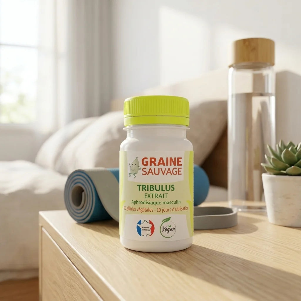 Graine Sauvage Tribulus extrait vegan en gélules sur table de nuit moderne avec accessoires fitness
