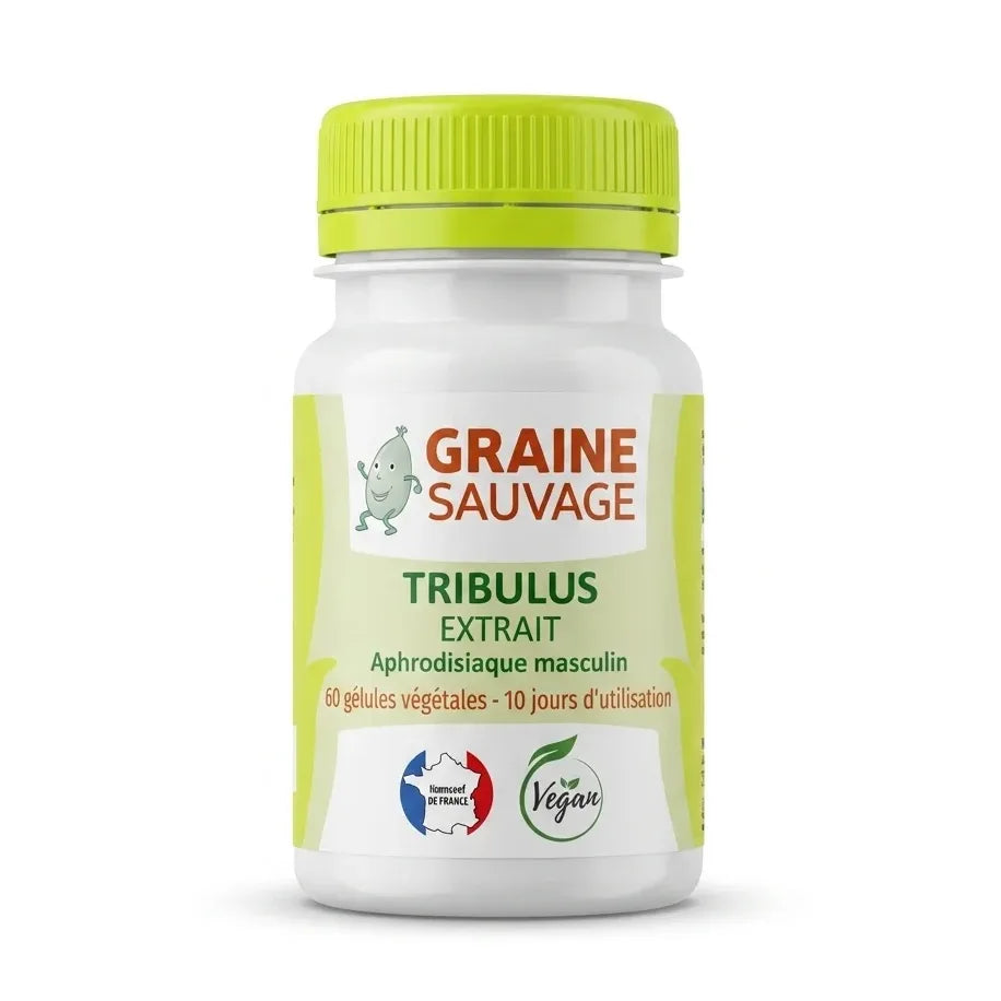 Tribulus extrait vegan en gélules Graine Sauvage, flacon avec bouchon vert sur fond blanc