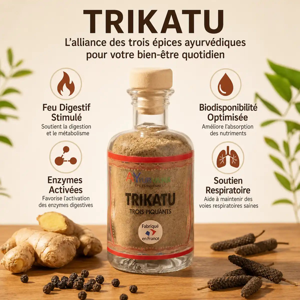 Trikatu Ayurvana - Flacon avec gingembre, poivre noir et long poivre pour stimuler digestion et enzymes