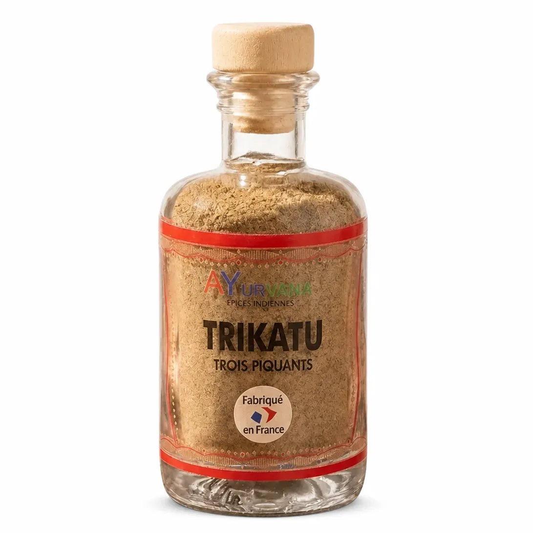 Trikatu Ayurvana épice ayurvédique en flacon verre avec bouchon liège et ruban rouge
