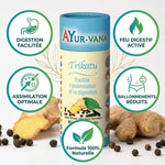 Gélules Trikatu Ayurvana avec bénéfices digestifs : digestion facilitée, feu digestif activé et ballonnements réduits