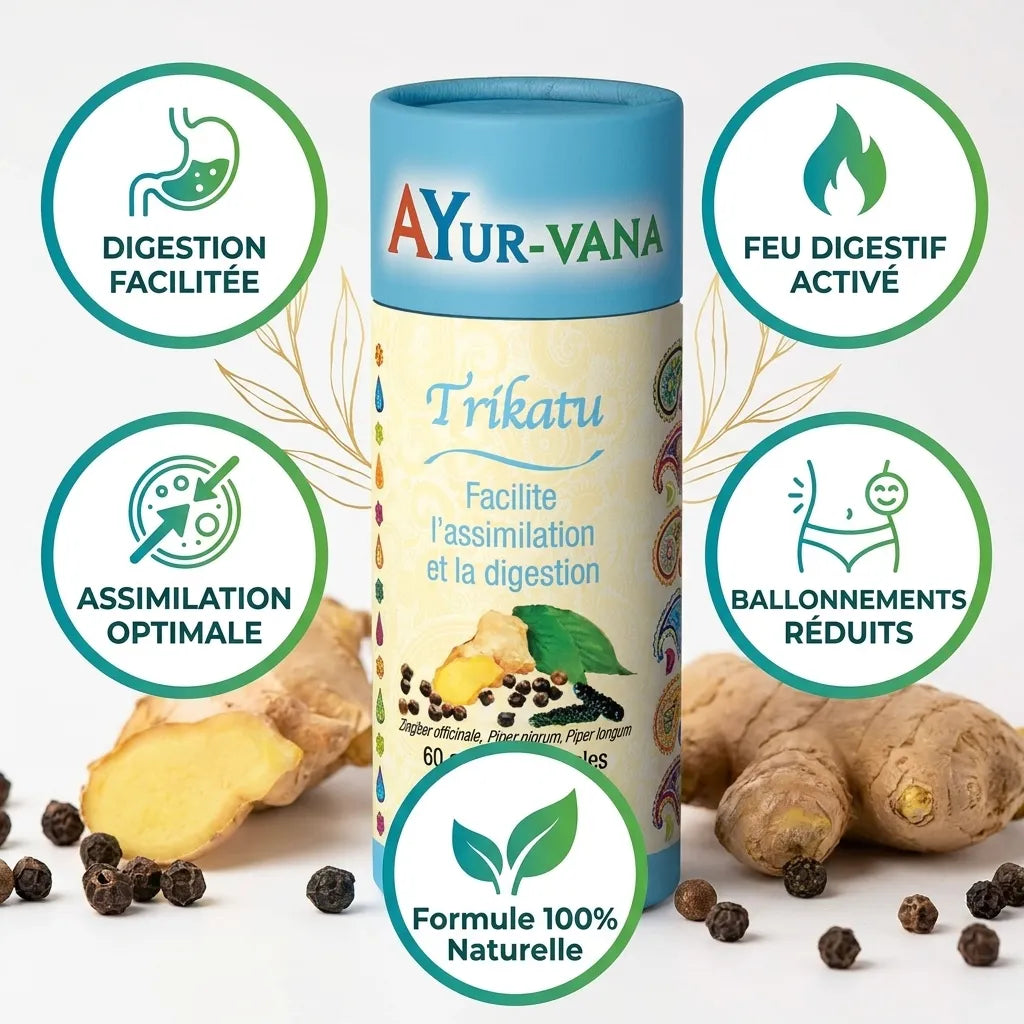 Gélules Trikatu Ayurvana avec bénéfices digestifs : digestion facilitée, feu digestif activé et ballonnements réduits