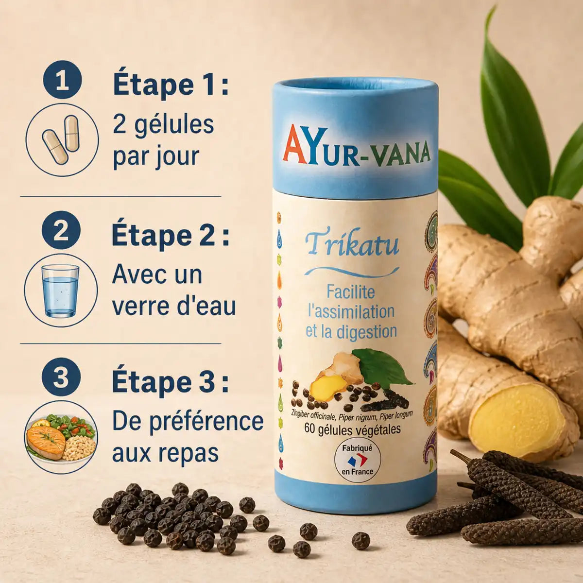 Trikatu Ayur-Vana gélules avec mode d'emploi, gingembre frais et poivre noir