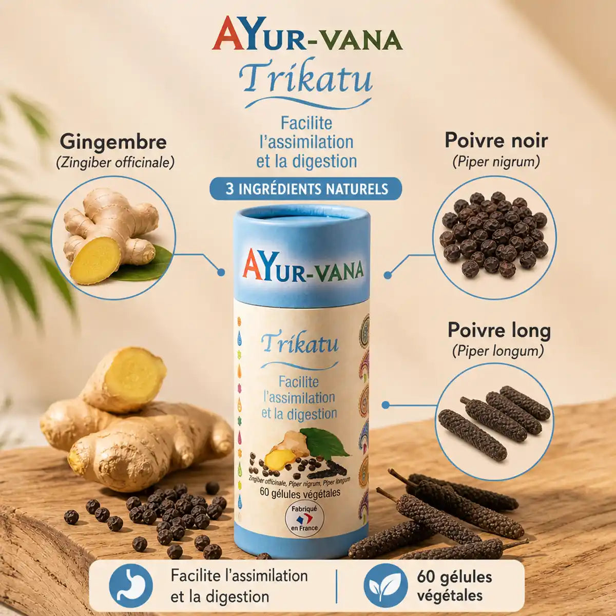 Trikatu Ayurvana gélules avec gingembre, poivre noir et long poivre pour digestion et assimilation