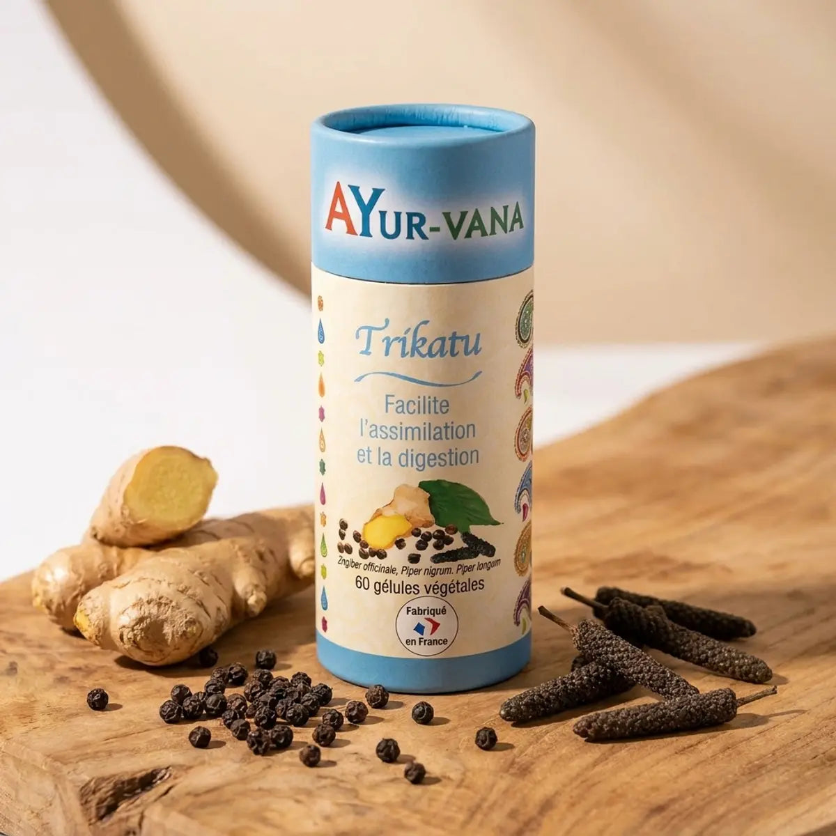 Trikatu en gélules Ayurvana avec gingembre, poivre noir et long poivre frais
