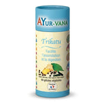 Bouteille de gélules Trikatu Ayurvana avec bouchon bleu sur fond blanc