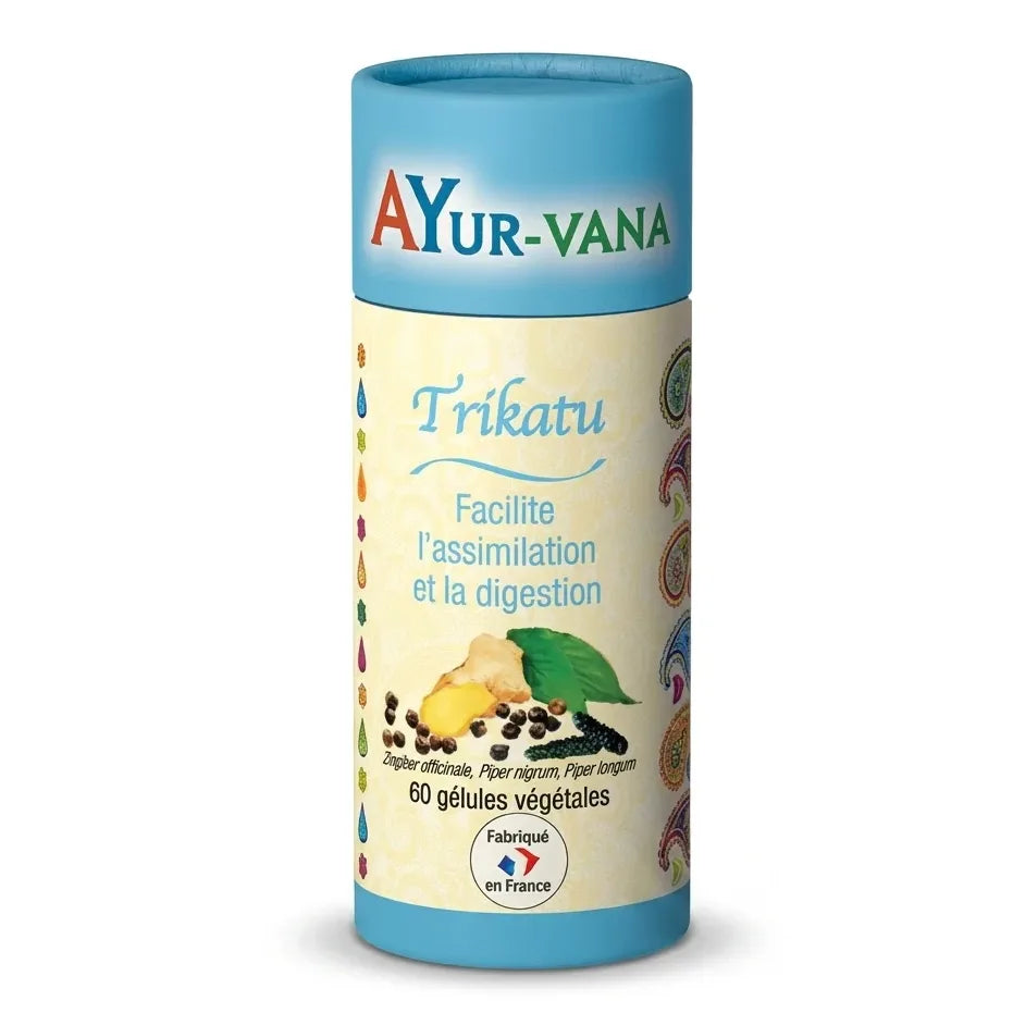 Bouteille de gélules Trikatu Ayurvana avec bouchon bleu sur fond blanc