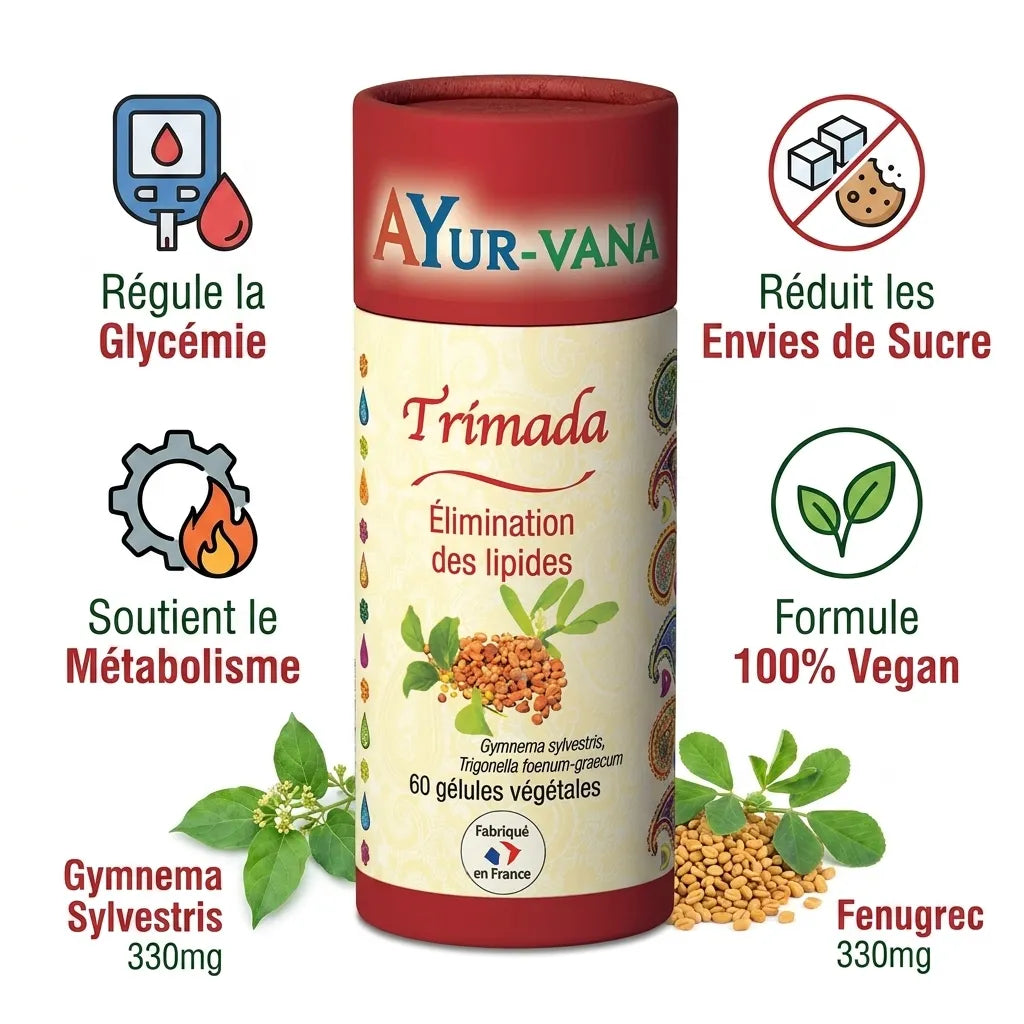 Trimada vegan gélules Ayurvana avec bénéfices : régule glycémie, réduit envies sucre, soutient métabolisme