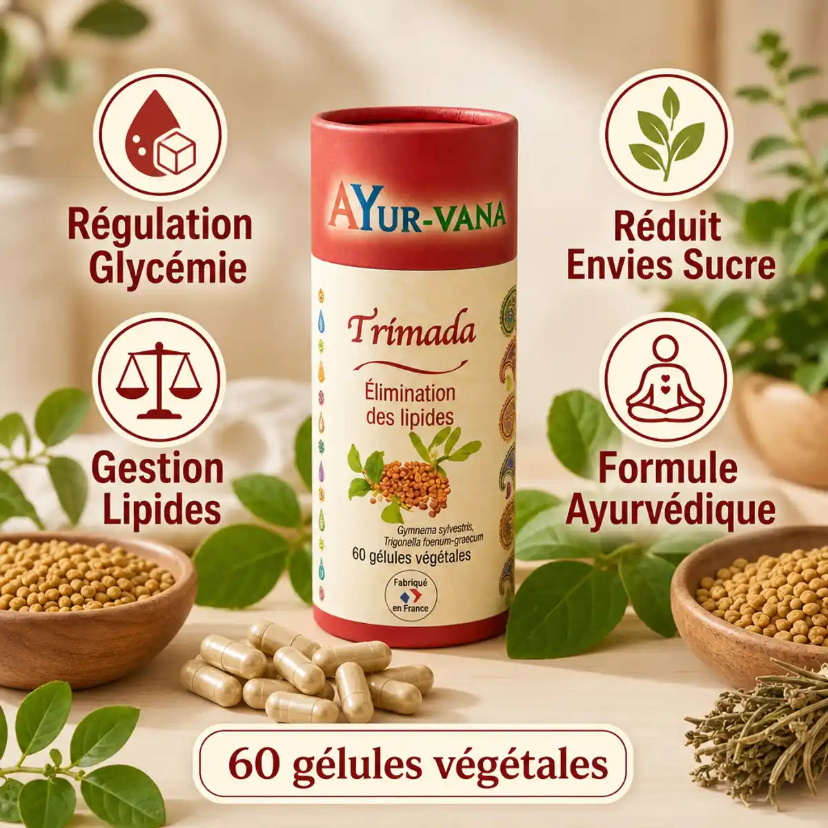 Trimada gélules vegan Ayurvana avec bénéfices : régulation glycémie, réduction sucre, gestion lipides