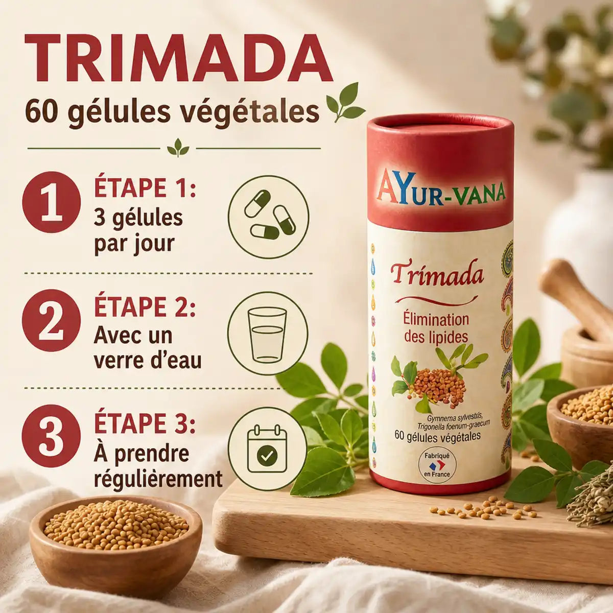 Trimada vegan gélules Ayurvana - 60 capsules avec instructions posologie et ingrédients botaniques