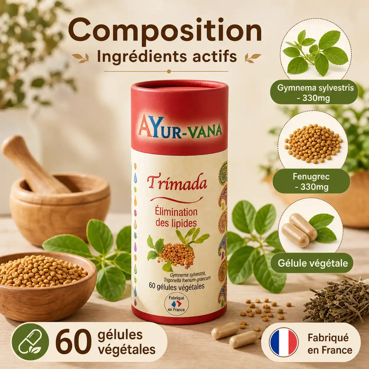 Trimada vegan Ayurvana en gélules avec ingrédients Gymnema et Fenugrec, fabrication française