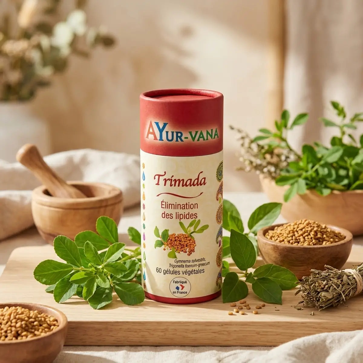 Flacon Trimada vegan en gélules Ayurvana avec herbes naturelles et accessoires bien-être