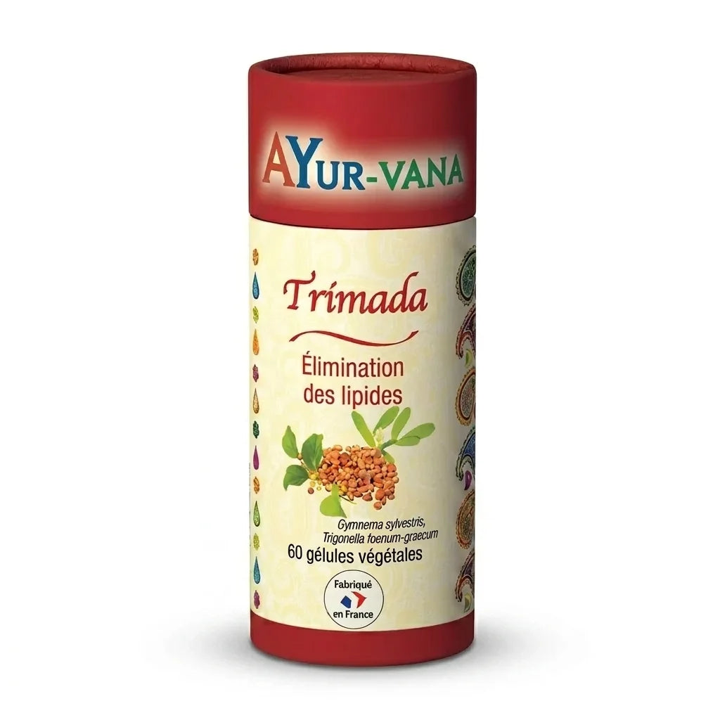 Bouteille Trimada vegan en gélules Ayurvana 60 capsules sur fond blanc