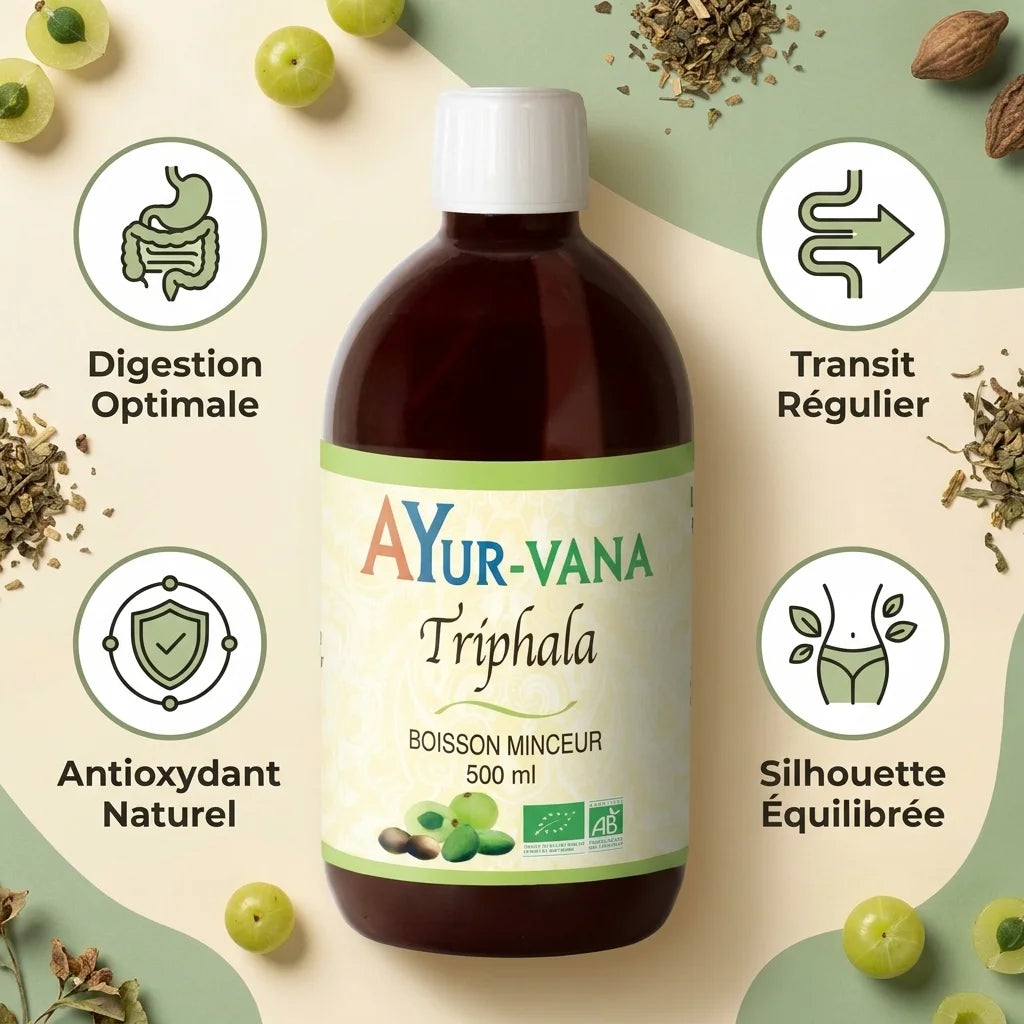 Triphala bio 500ml Ayurvana avec bénéfices digestion, transit et antioxydants naturels