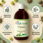 Triphala bio 500ml Ayurvana avec bénéfices digestion, transit et antioxydants naturels
