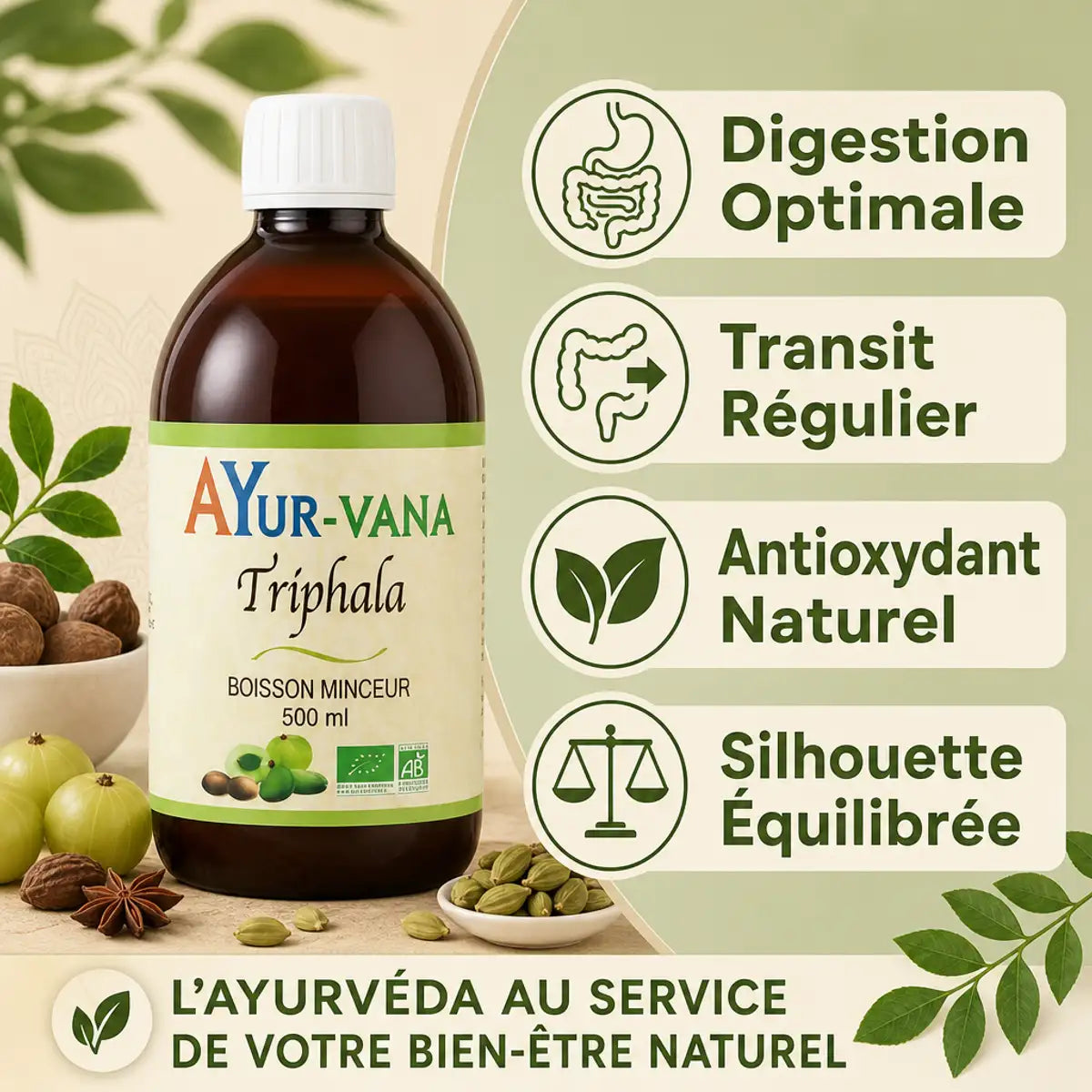Triphala bio 500ml Ayurvana avec bénéfices digestion, transit, antioxydant et silhouette