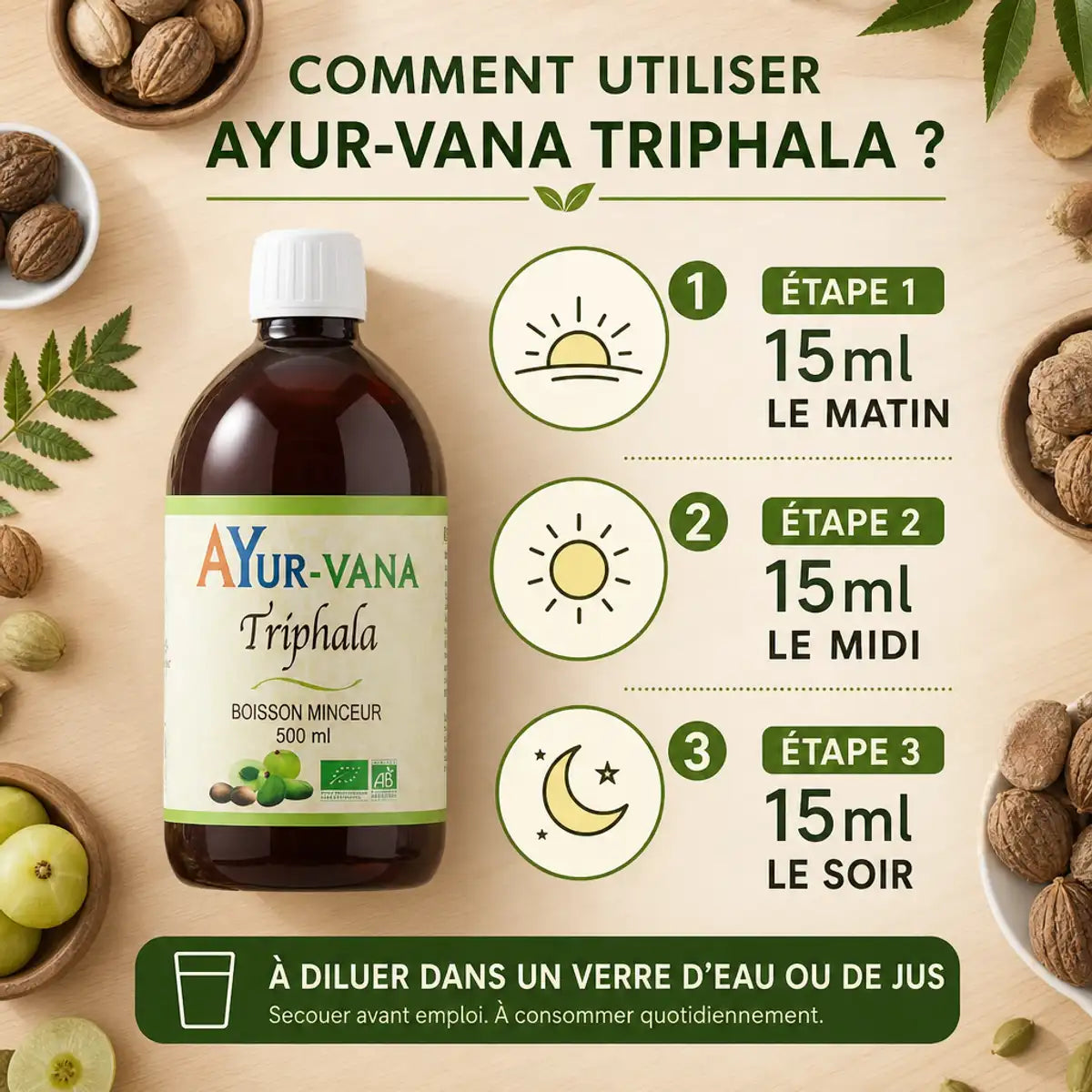 Triphala bio 500ml Ayurvana avec guide posologie 15ml matin midi soir et fruits ayurvédiques