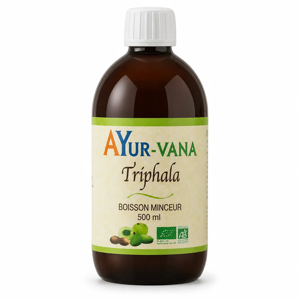 Bouteille Triphala bio 500ml Ayurvana avec étiquette verte sur fond blanc