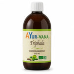 Bouteille Triphala bio 500ml Ayurvana avec étiquette verte sur fond blanc