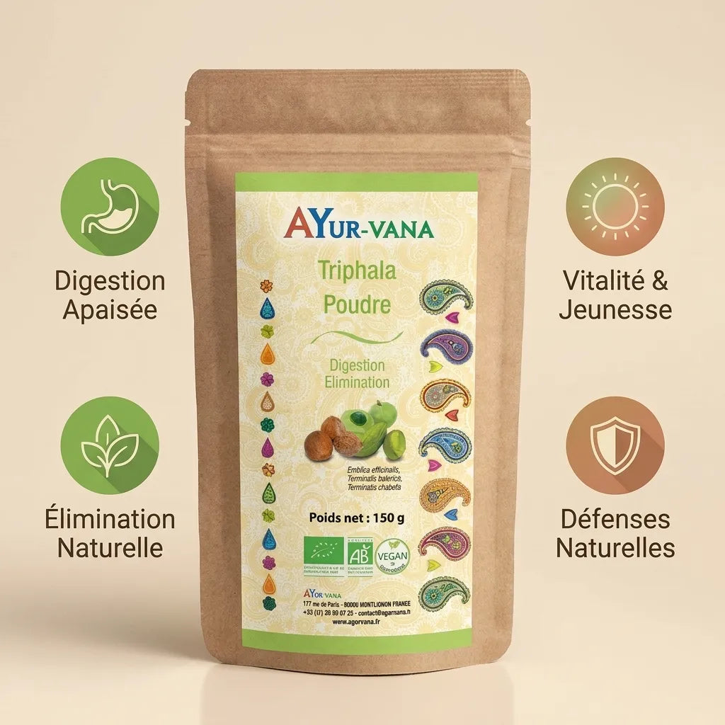 Triphala bio Ayurvana poudre avec bénéfices digestion, élimination naturelle et vitalité