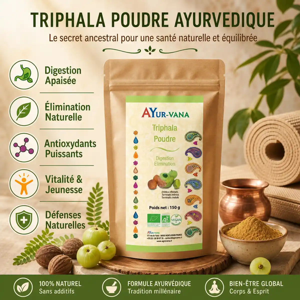 Poudre Triphala bio Ayurvana 150g avec bénéfices digestion, élimination et antioxydants