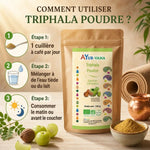 Triphala bio Ayurvana en poudre avec guide d'utilisation et dosage en 3 étapes