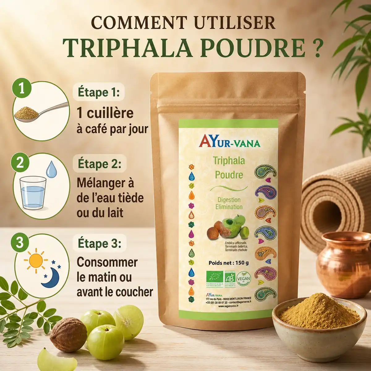 Triphala bio Ayurvana en poudre avec guide d'utilisation et dosage en 3 étapes